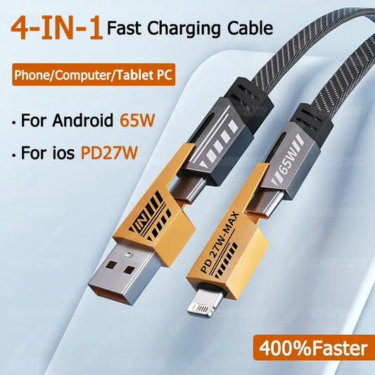 4-in-1 65W Fast Charging USB to Type-C PD Cable for iPhone, Xiaomi, Samsung, Huawei Devices